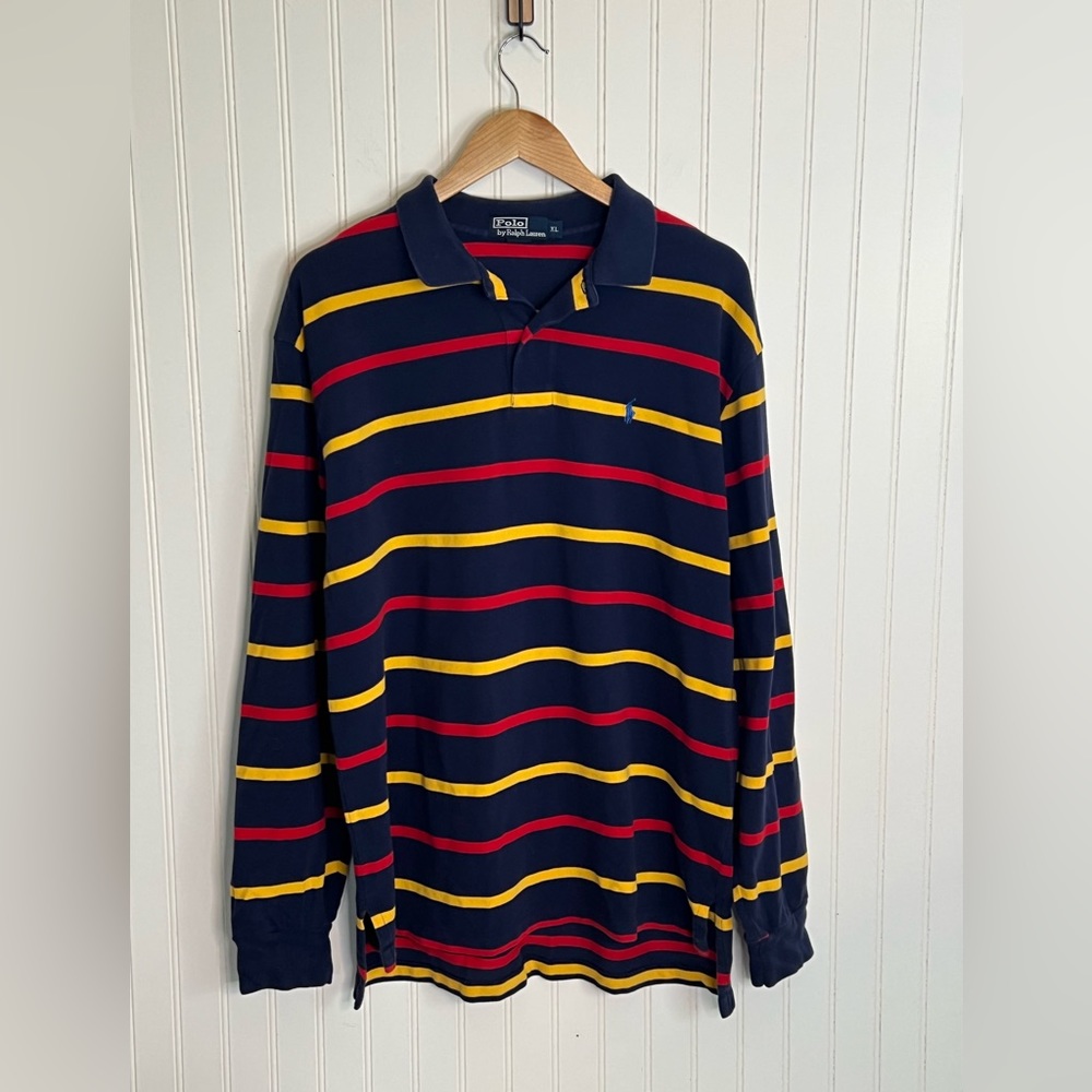 POLO RALPH LAUREN Polo Shirt Mens X-Large Long Sleeve Striped Blue